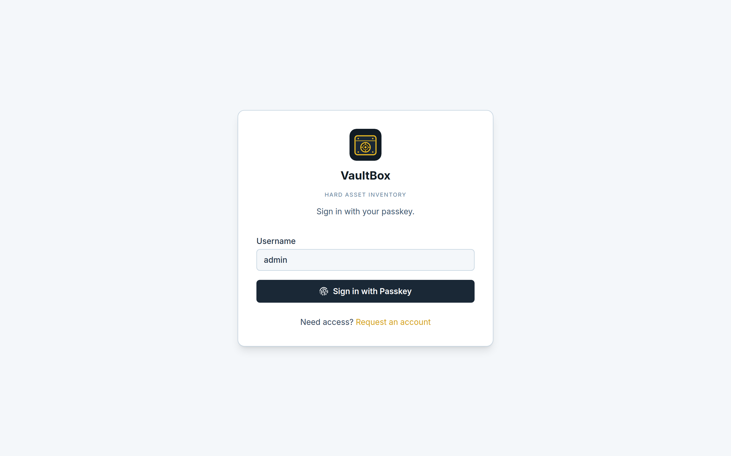 Passkey sign-in screen with the VaultBox strongbox mark