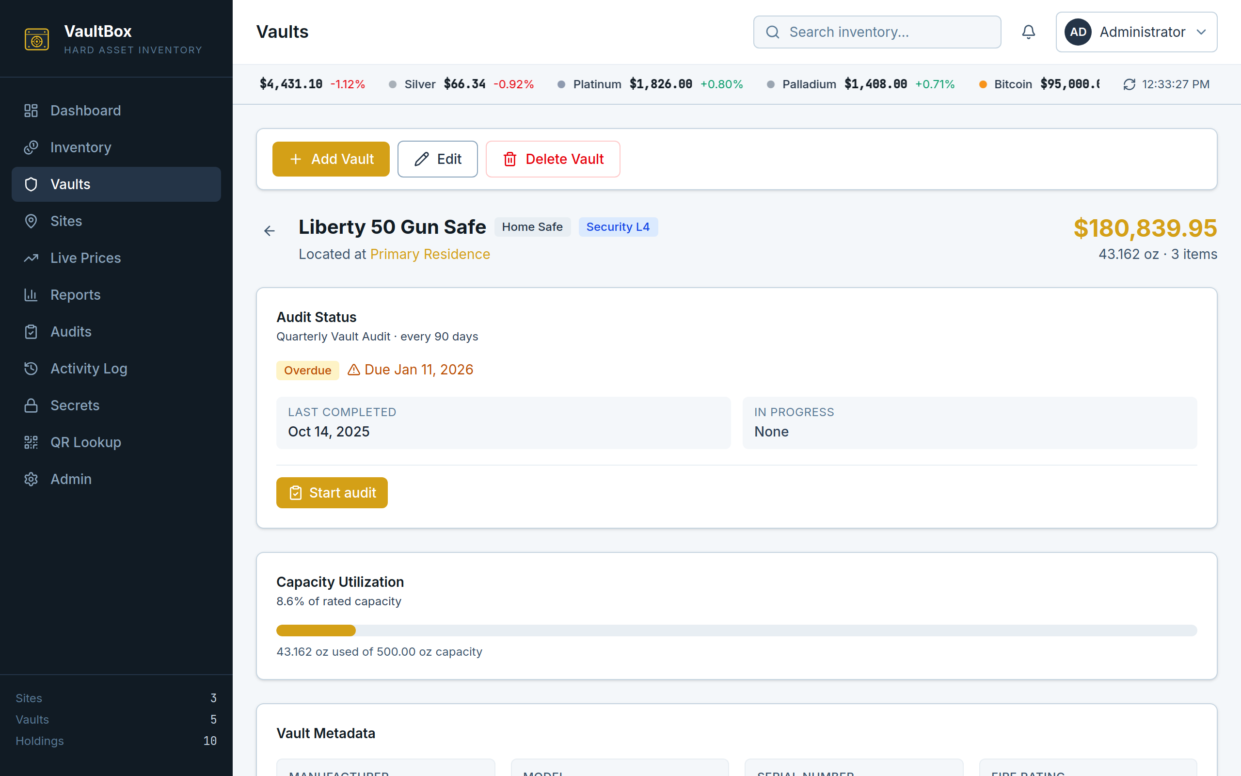 Vault detail with audit status and capacity